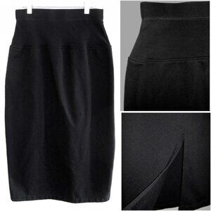 Long black pencil skirt M Cotton blend knit Back slit Straight Stretch Midi USA
